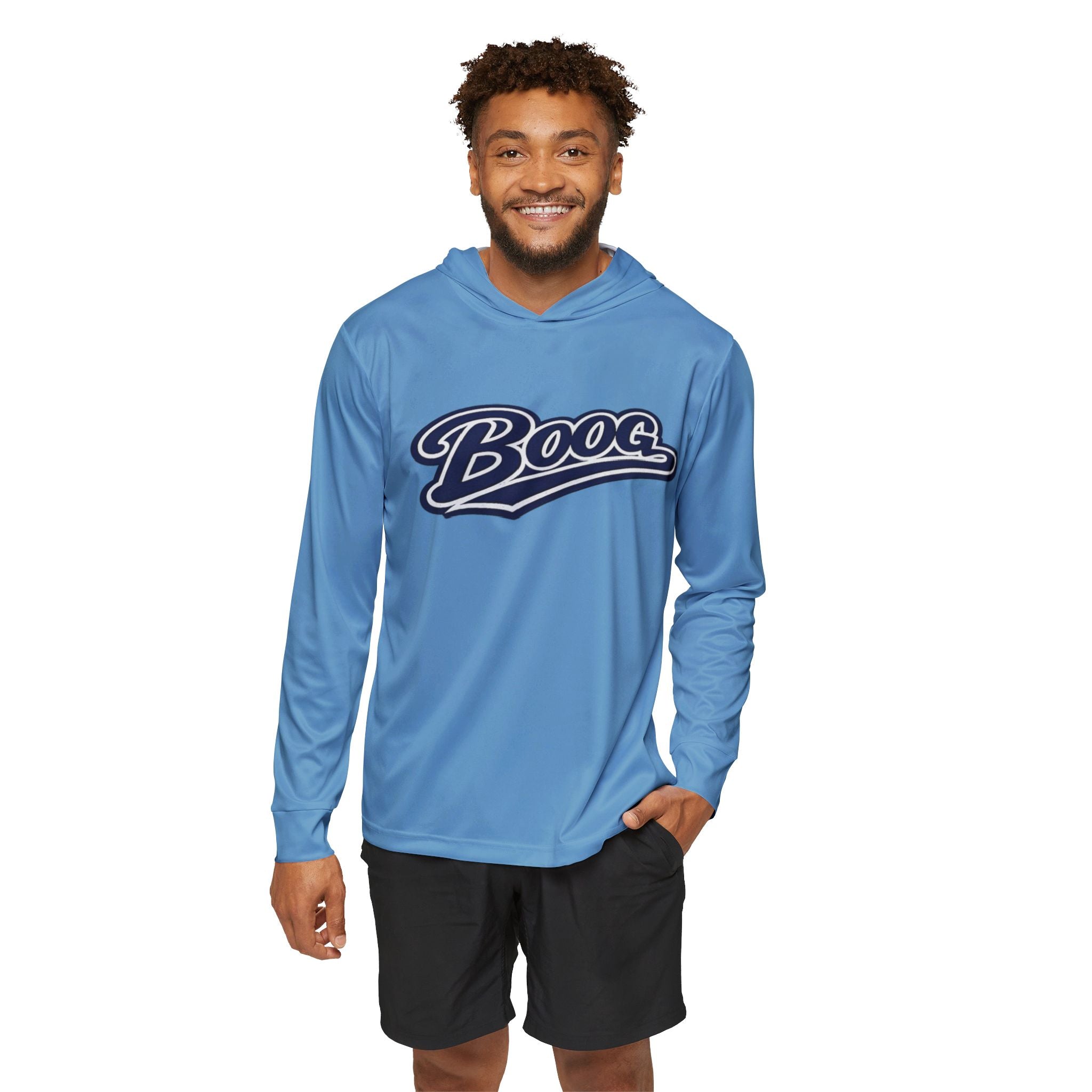 "Boog Script Navy" Men's Sports Warmup Hoodie - Carolina Blue