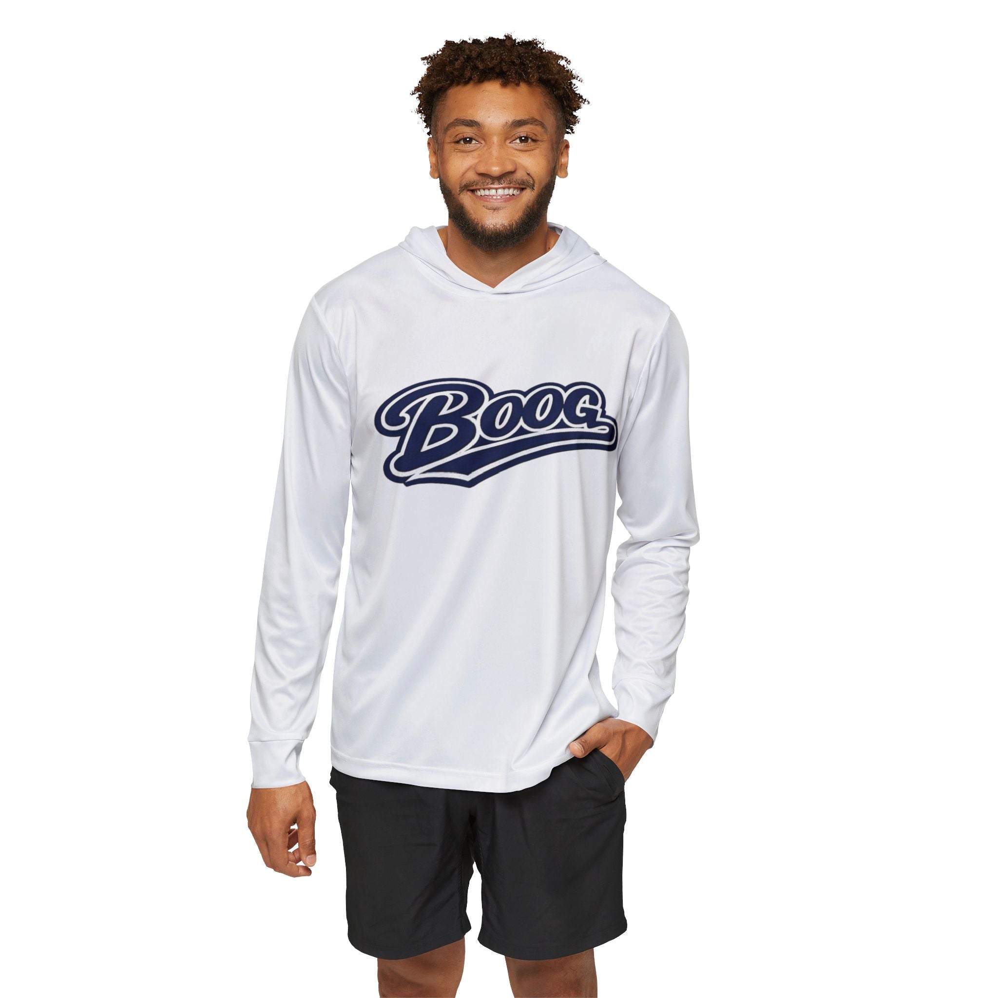 "Boog Script Navy" Men's Sports Warmup Hoodie - White